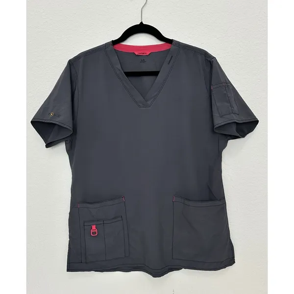 Carhartt Force Scrub Top Women’s Large Gray Pink Trim V-Neck Pockets Medical - Image 2