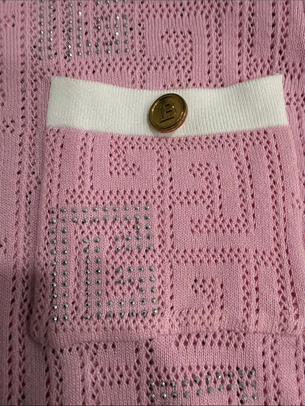 Women’s Pink Short-Sleeve Knit Cardigan with White Trim Gold Buttons - Image 6