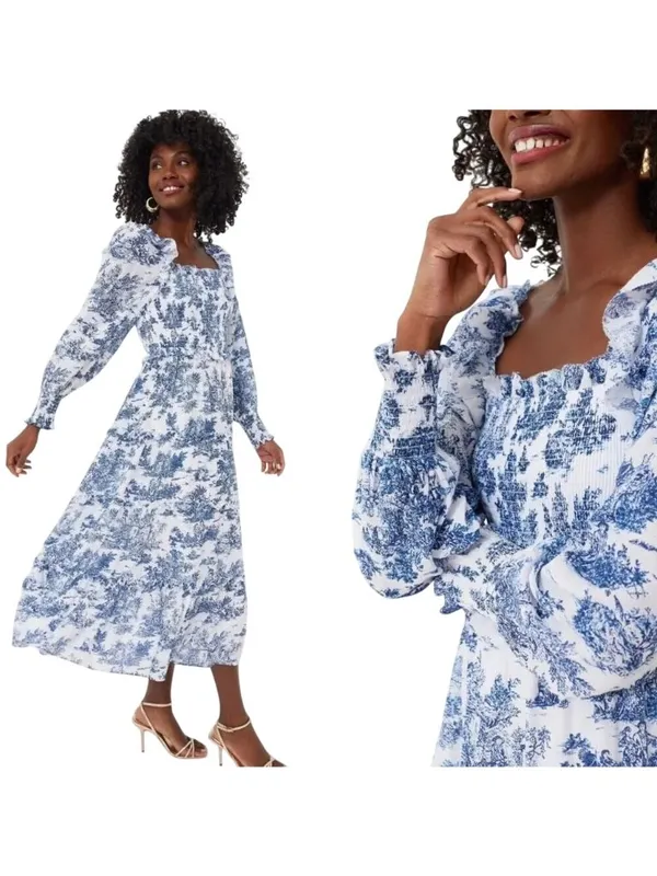 Hyacinth House Long Sleeve Georgina Midi Dress in Blue Toile XXSmall New Womens - Image 13