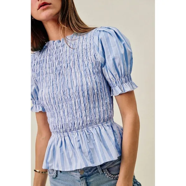 SO ME Stripe Smocked Bodice Puff Sleeves Blouse Top‎ - Blue - Large - Image 2