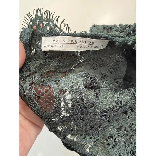Zara Trafaluc Womens Green Lace Crop Top High Neck Back‎ Zip Short Sleeve Small - Image 3