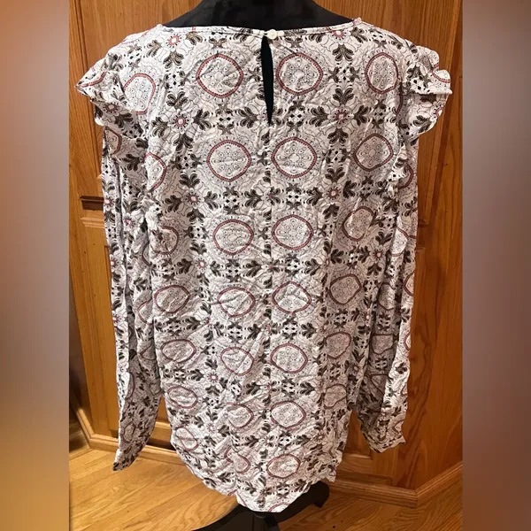 LOFT Medallion Print Ruffle Shoulder Bubble‎ Hem Long Sleeve Blouse Top Size XL - Image 6