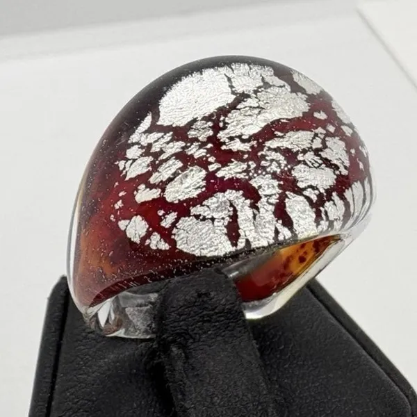 Vintage Handmade Glass Ring Size 7.75 Crackle Red‎ & Silver Retro Funky Lava - Image 2