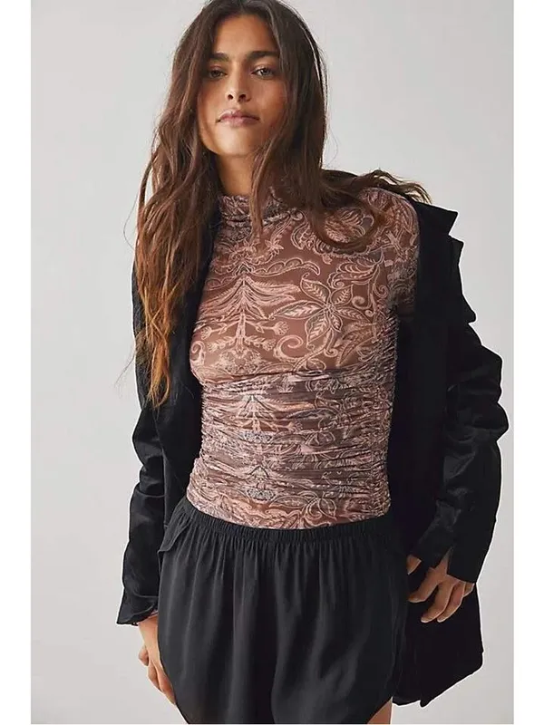Free People Under It All Printed Mesh Bodysuit in Rust Combo Medium - Image 3