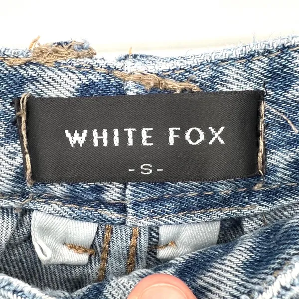 White Fox Small Blue Acid Wash Crossover Waist Straight Leg Jeans STAINED - Image 4