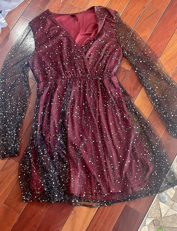 Bling Mesh Sleeve Long Red Maroon Mini Flare Dresss Small Nwot V - Image 7