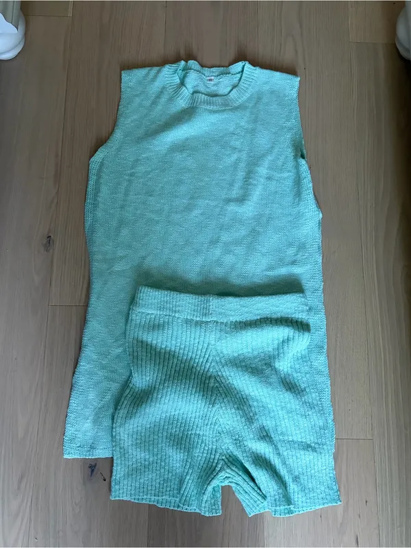 Uaneo 2 Piece Outfit Summer Knit Sweater Set Sleeveless Tunic top and short teal - Image 7