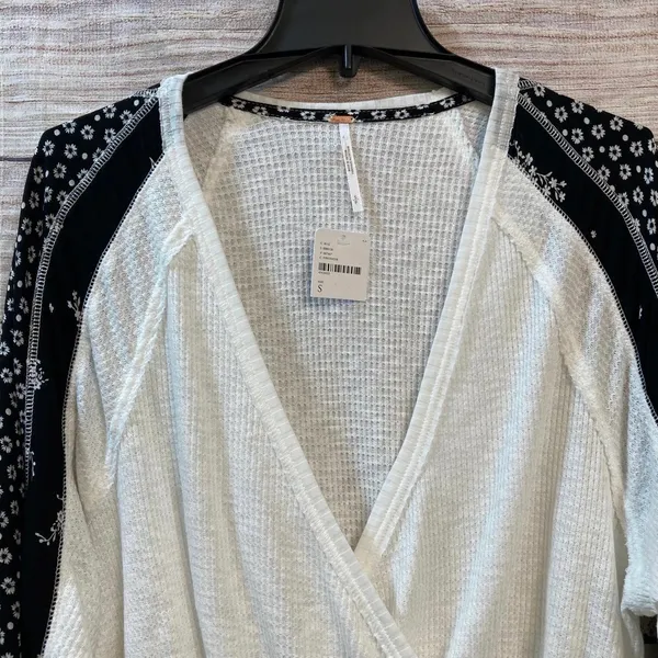 Free People Auxton Thermal Wrap Top Ivory Black Floral Waffle Knit Shacket S - Image 5