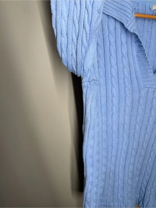 L.L.Bean Blue Cable Knit Collared V Neck 100% Cotton Sweater Heritage Classic‎ - Image 6