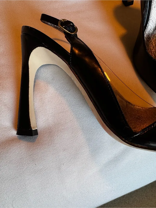 Adrianna Papell Black Leather Slingback Heels with Silver Pointed Cap - Image 2