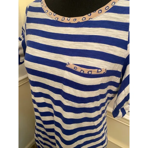 Anthropologie Postmark Blue White Striped Mixed Media Pocket Tee Ruched Sleeve - Image 3