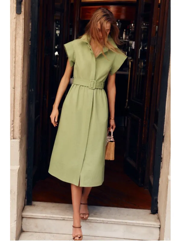 New Tuckernuck Pistachio Green Chloe Midi Dress S Belted Collared Moir Classic - Image 2