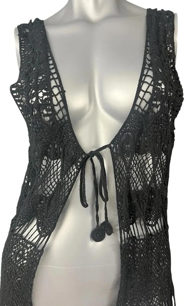 Black Crochet Fringe Vest Boho Chic Fairycore Knit Festival Tassels Badass Small - Image 2