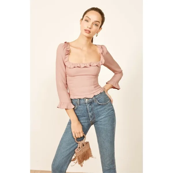 Reformation Pink Ruffle Square Neck‎ Blouse Long Sleeve Side Zip Top 12 / L - Image 2