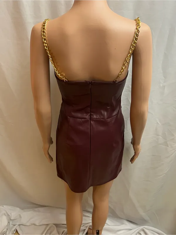 MICAS Burgundy Faux Leather Corset Mini Dress Gold Chain Straps Size S NWT - Image 2