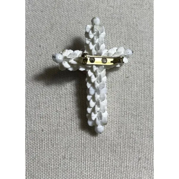 Vintage Religious Jesus Cross Christianity White Beaded Rose Brooch Sz 2” - Image 5