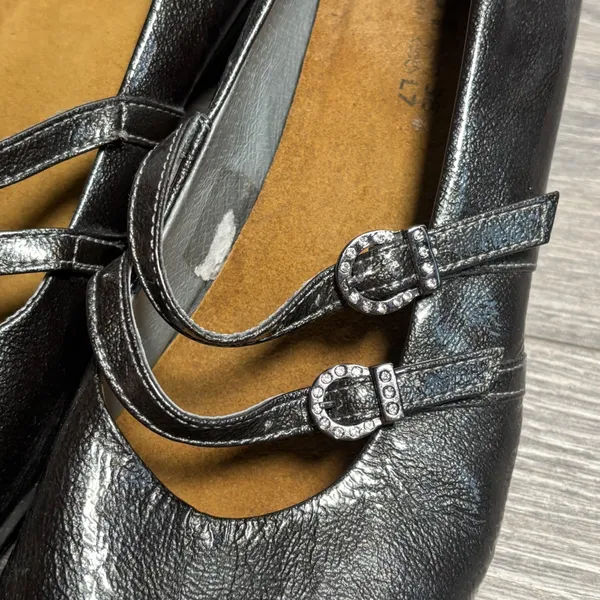 Naot Metallic Pewter Leather Double Strap Mary Jane Rhinestone Buckle Heels 38 7 - Image 3