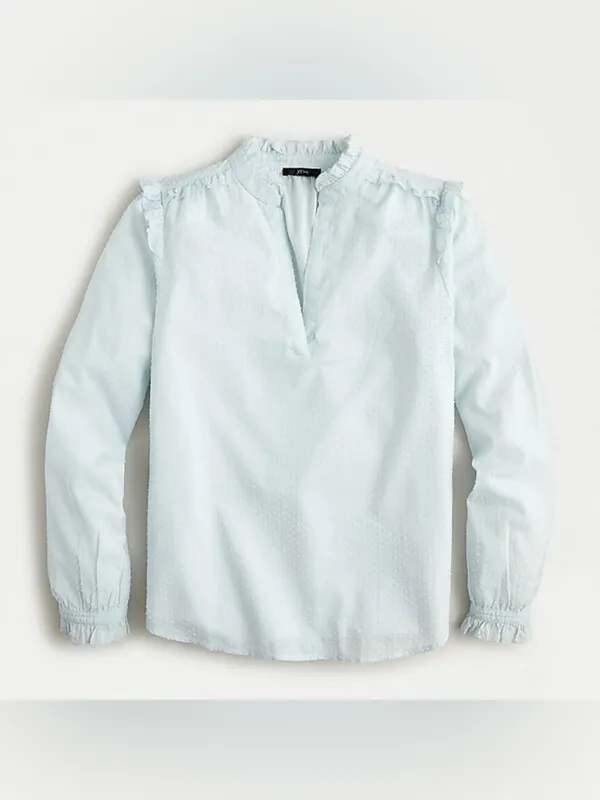J.Crew Classic Sky Blue Clip Dot Ruffle Trim Popover Blouse Size Medium - Image 3