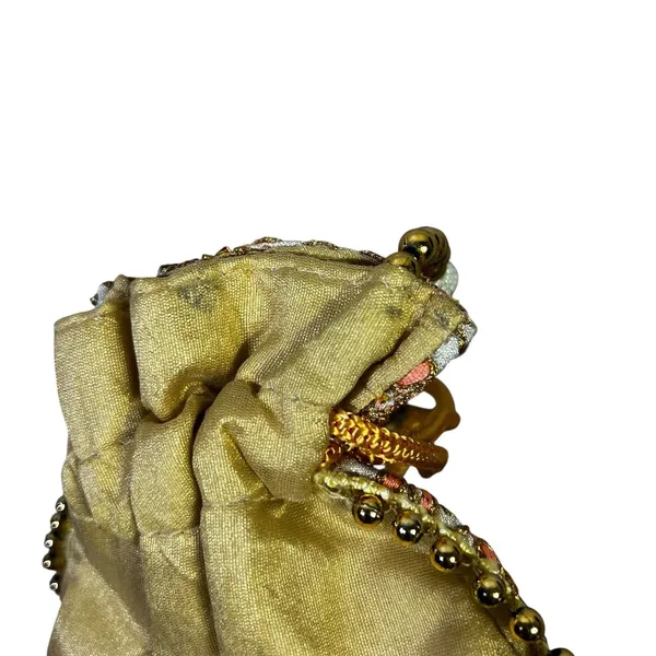 Designer Evening Clutch Beaded Handle Drawstring Pouch Bag Gold - Image 6