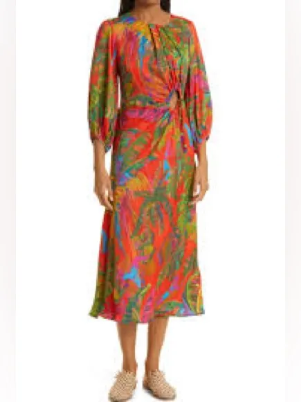 Farm Rio Urban Jungle Midi Dress Womens Small Orange Green Excellent Cutout - Image 3