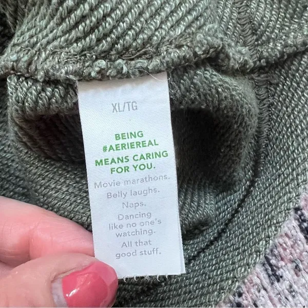 Aerie Beach Party Olive Green Cropped Crewneck Sweatshirt Size XL - Image 9