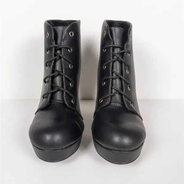 BONNIBEL Black Heeled Lace Up Platform Ankle Booties Faux Leather Women's 9 - Image 6