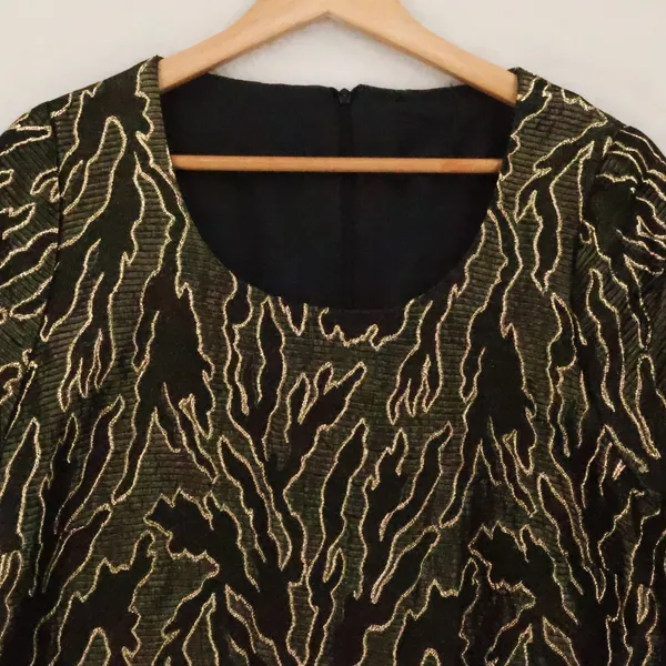 Vintage 90s Metallic Gold Jacquard Shift Dress Womens Size S Black Gold Evening - Image 4