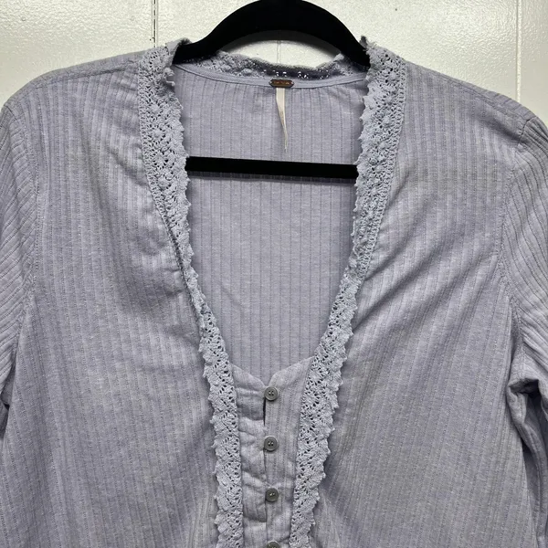 Free People Linen Blend Bohemian Cropped Lavender Women's Boxy Top Size Large - Image 4