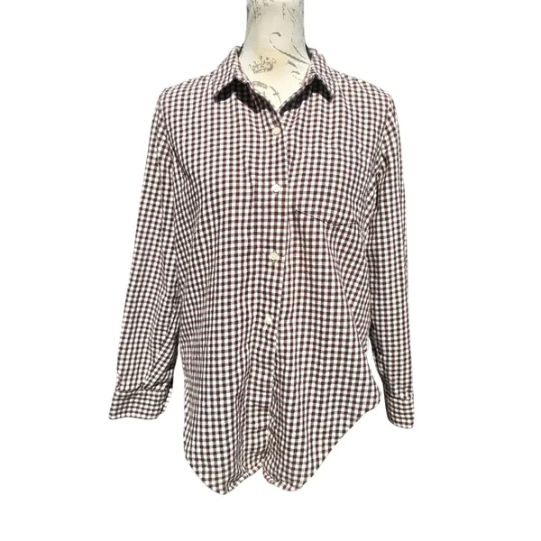 Madewell Brown Gingham Check Button Down Tie Front‎ Cotton Shirt AE769 Womens M - Image 5