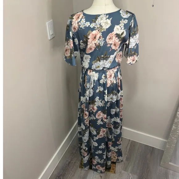 Baltic Born Dusty Blue Floral Maxi Dress V-Neck Flutter Sleeve Wedding Guest M - Image 3
