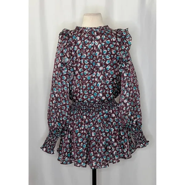 RAMY BROOK Silk Penelope Dress Roco Floral Mini Ruffled Smocked Purple Teal XS - Image 10