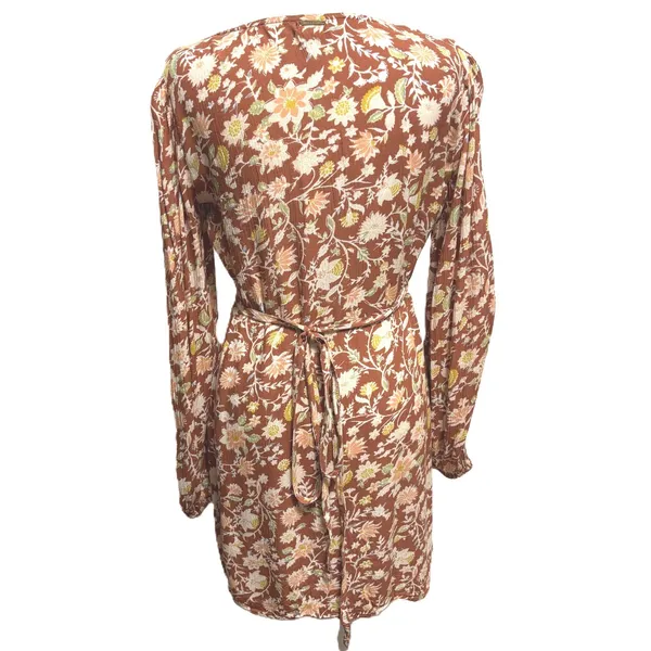 Billabong Wrap Dress Red Clay Crinkle Floral Blouson Sleeve Boho Cottage Party M - Image 5