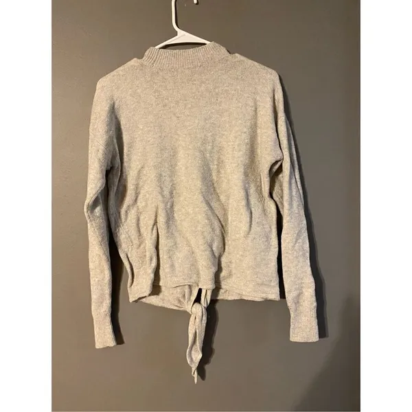 Loft Light Gray Mock Neck Sweater Tie Front Wool Blend Sz XS - Image 2