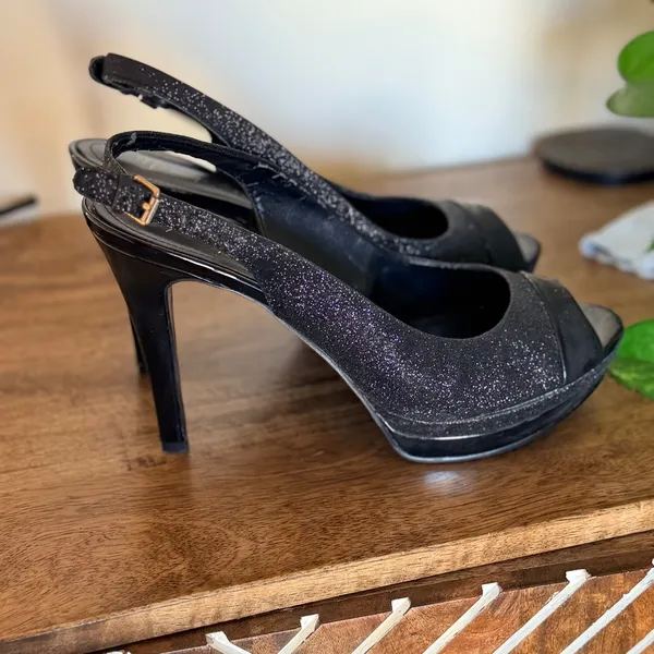Marc Fisher Slingback Heels Women 8M Black‎ Glitter Peep Toe Platform Pump 5179 - Image 4