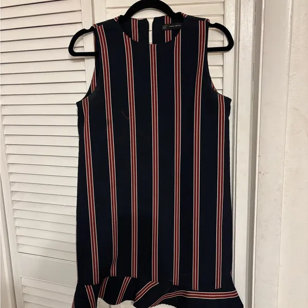 Zara Navy Red Stripe Thick Shift Dress Ruffle Hem m - Image 2
