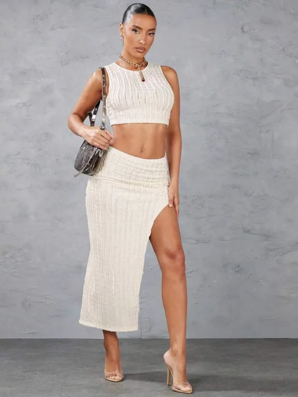 Sleeveless Ribbed Cream Maxi Skirt with High Slit 2 pcs - Image 4