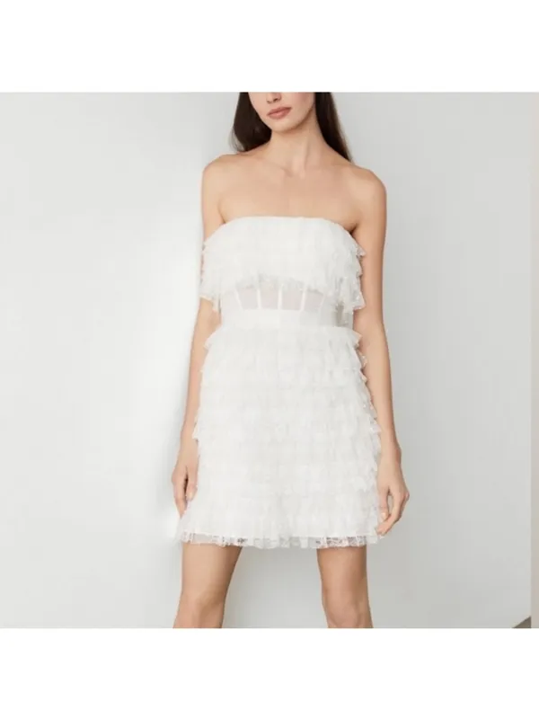 NWT BCBG MaxAzria Tulle Lace Strapless Ruffle Mini Dress Off White Bridal Size 6 - Image 2