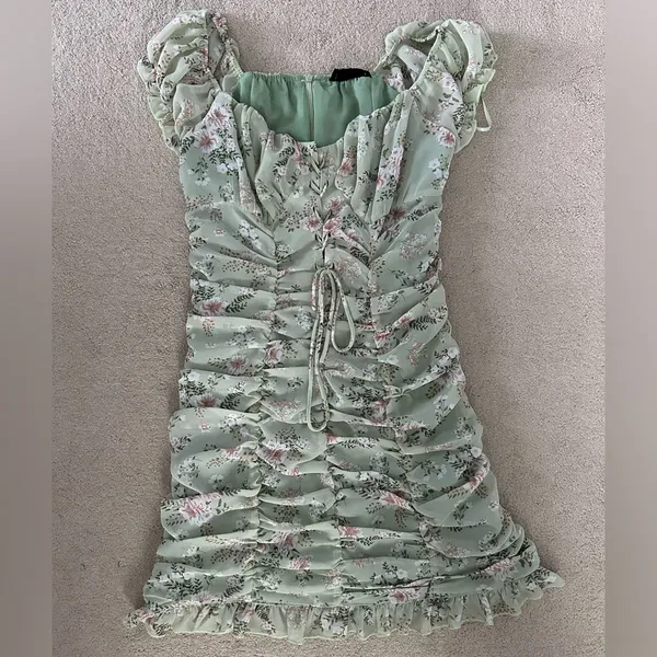 Hazel Boutique Green Floral Ruched Ruffled Mini Dress - Image 2
