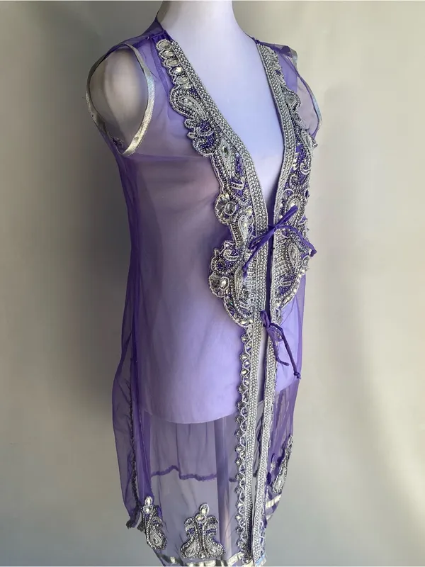 Sheer purple embroidered crystal gem applique embellished genie boho costume - Image 4