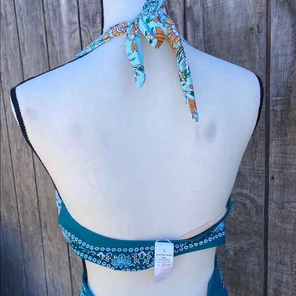 Cupshe Teal Floral Piece Cut Out Plunge Sides Halter One Piece Swimsuit Size L - Image 6
