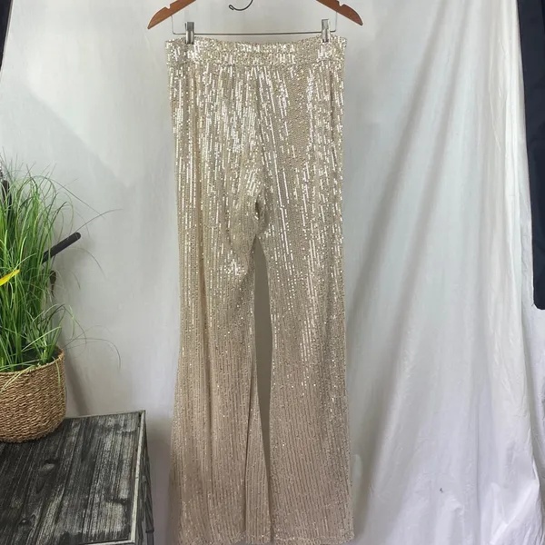 Impressions Sequins Tan & Gold Palazzo Flair Hem Pants L - Image 5