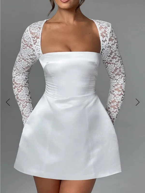 White Lace-Sleeve Square Neck Mini Wedding Dress - Image 3