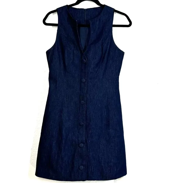 Dress S Commence NWT Keyhole Neckline Button Denim Mini Dark Wash Sleeveless - Image 2