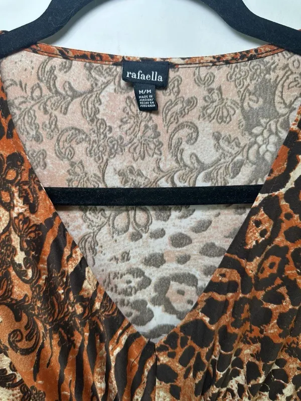 Rafaella V-Neck Blouse Size M Brown Animal Print Beaded Center - Image 4