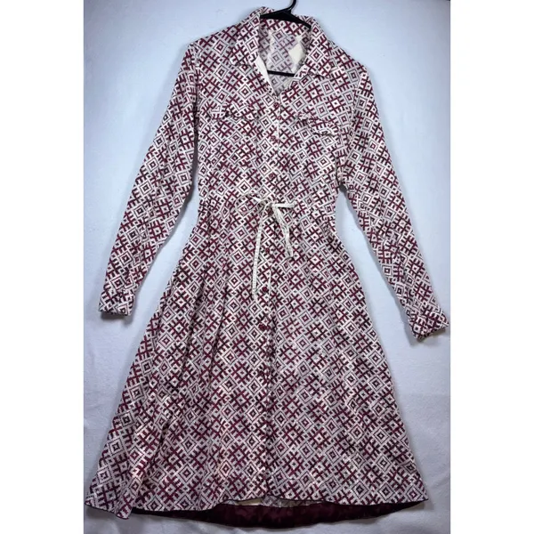 Womens Geometric Diamond Print Long Sleeve Button Down Midi Shirt Dress Burgundy - Image 2