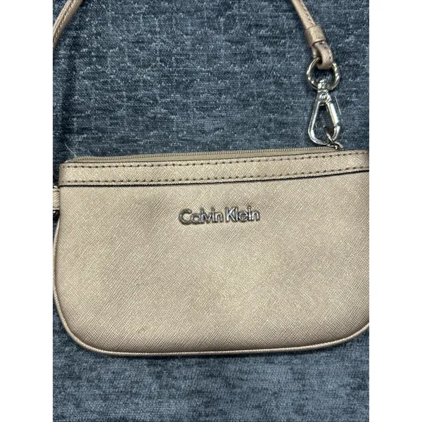 Calvin Klein Saffiano‎ Wristlet Gold Vegan Leather Zip Wallet Pouch Mini Bag - Image 2
