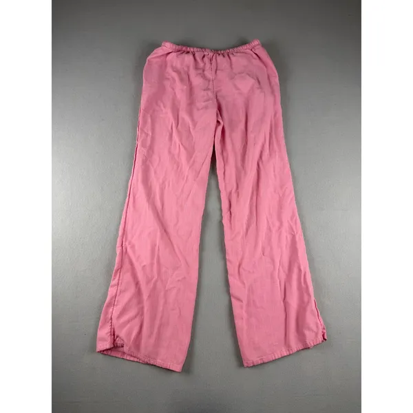 Pink Linen Blend Drawstring Wide Leg Pants Womens Casual Beach Trousers - Image 2