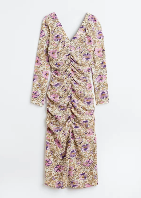 H&M Floral Ruched Midi Dress Bodycon Long Sleeve V Neck Boho Romantic Size XS - Image 3