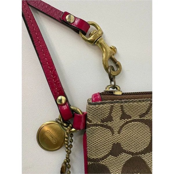 Coach Signature Stripe Wristlet Khaki Jacquard with Raspberry Pink Leather Trim - Image 2