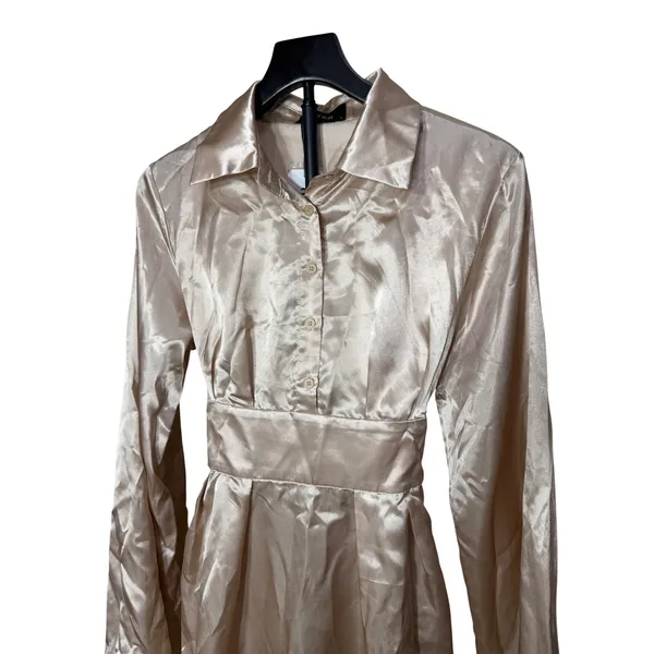 Cider Women Champagne Beige Satin Long Flared Sleeve Shirt Mini‎ Dress Size S - Image 2